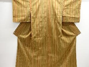 未使用品　縞に花模様織出し手織り紬着物